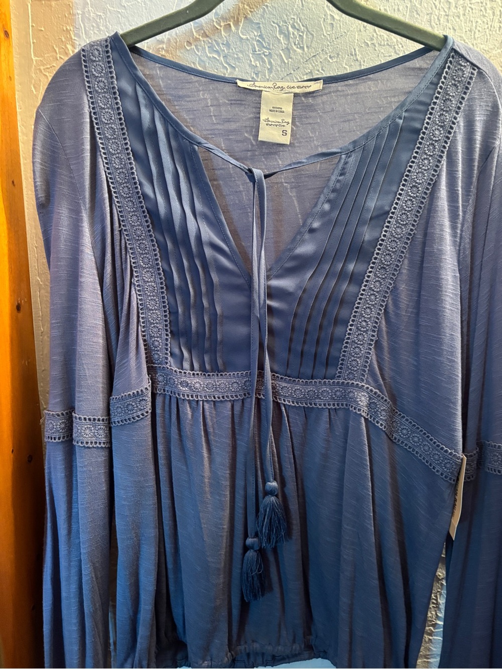 Women's Blue Boho Tassel Peasant Top- American Rag